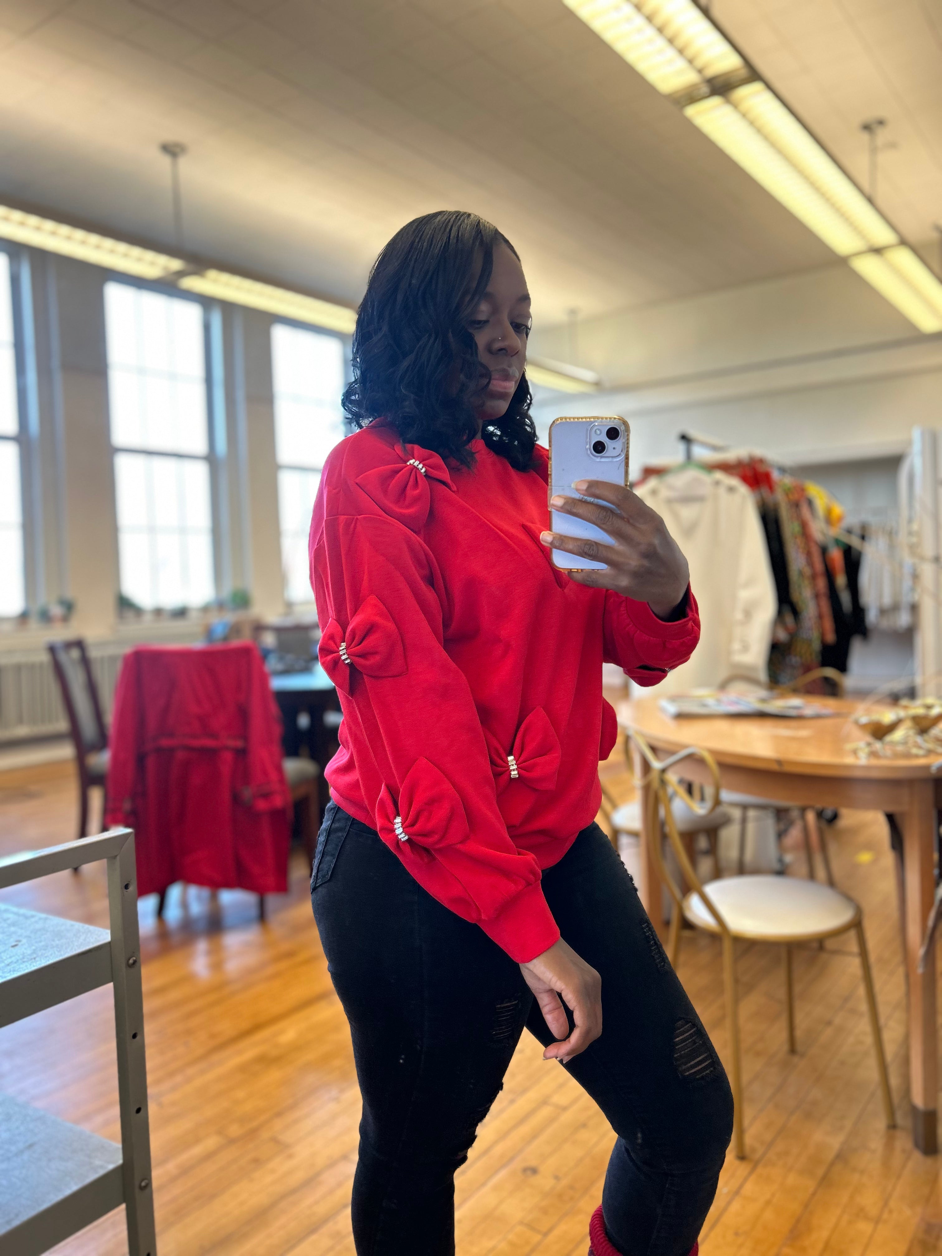 Red Bow Detailed Sweater