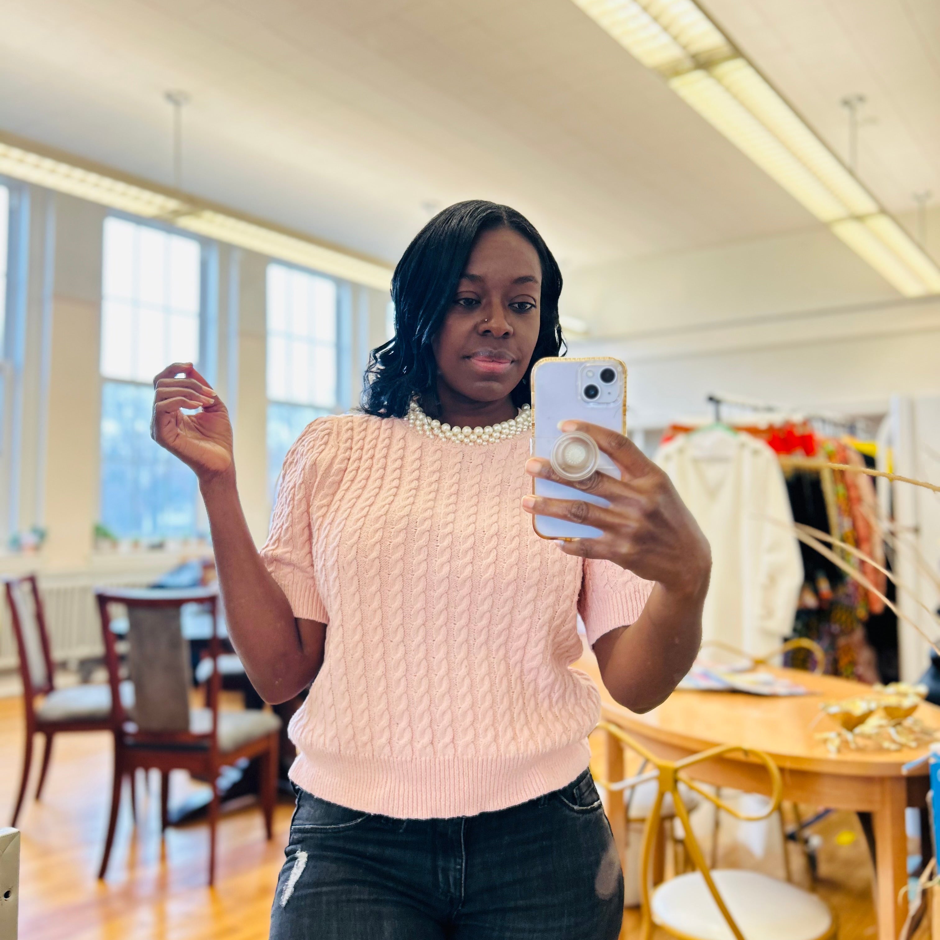 Soft Blush Cable Knit & Pearl Sweater