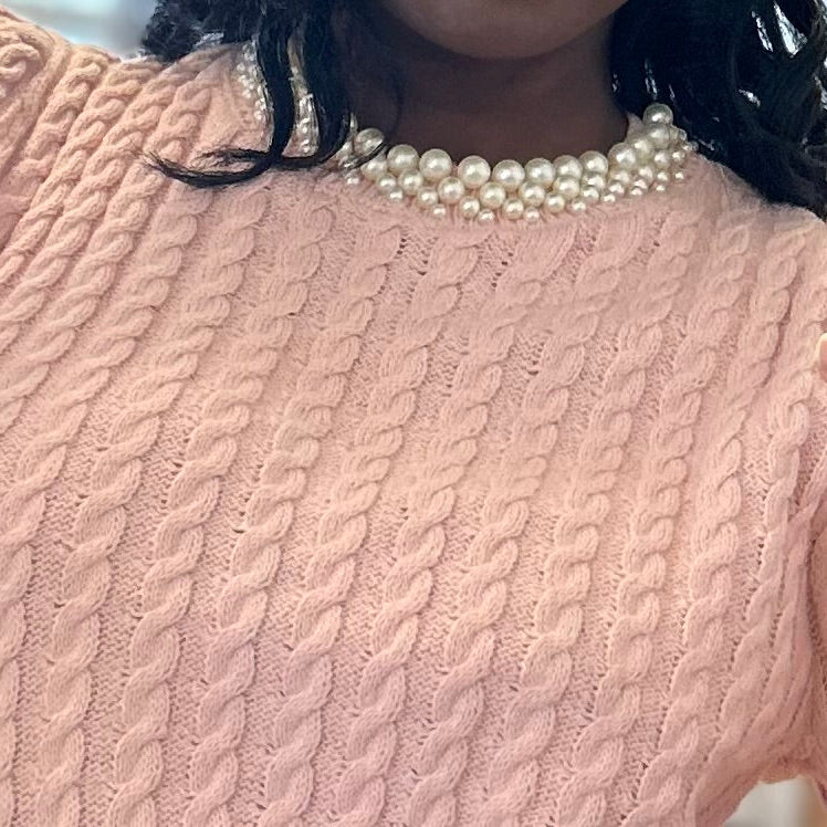 Soft Blush Cable Knit & Pearl Sweater