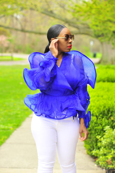 【Audire】ruffle sleeve blouse (Blue)/M Ruffle Front Blouse | White House Black Market